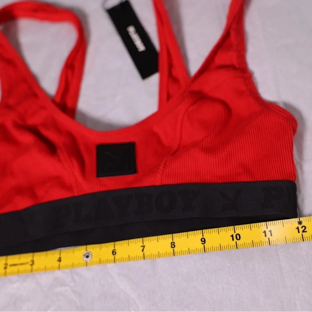 🅽🅴🆆 𝐏𝐋𝐀𝐘𝐁𝐎𝐘 Essentials Rib Scoop Neck Bra, red bralette, size Small